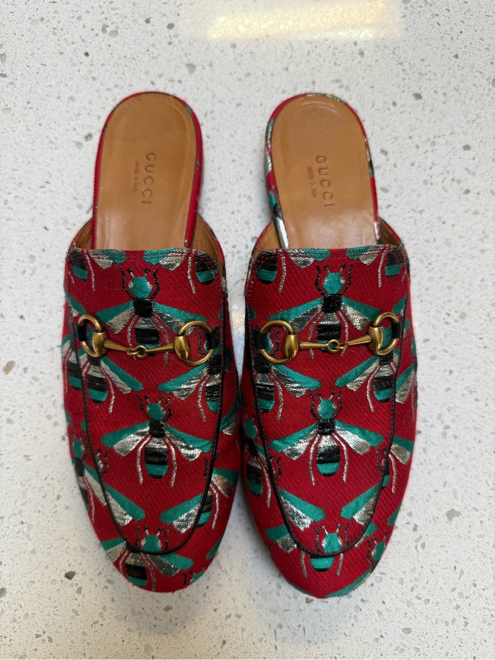 Gucci Women's Red/Teal Jacquard Horsebit Mules - Picture 2 of 5